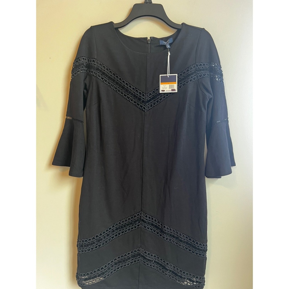 KAARI Blue Cozy Luxe Dress True Black Sz Small Bell Sleeve Crochet Trim NWT